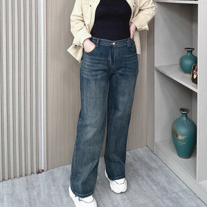 Pantalones vaqueros rectos de cintura alta para mujer, holgados, elásticos, de mezclilla, casuales, de pierna ancha, talla grande, primavera otoño