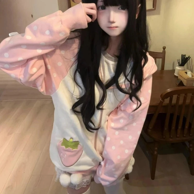 Abrigo japonés kawaii con orejas de conejo, para mujer, dulce, rosa, a rayas, con cremallera y capucha, estilo grunge, Y2k, Harajuku, sudadera con fresas