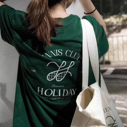 Camisetas de mujer American Vintage Tennis Club con estampado, color verde oscuro, holgadas, de algodón, camisetas de moda Ins de verano de manga corta