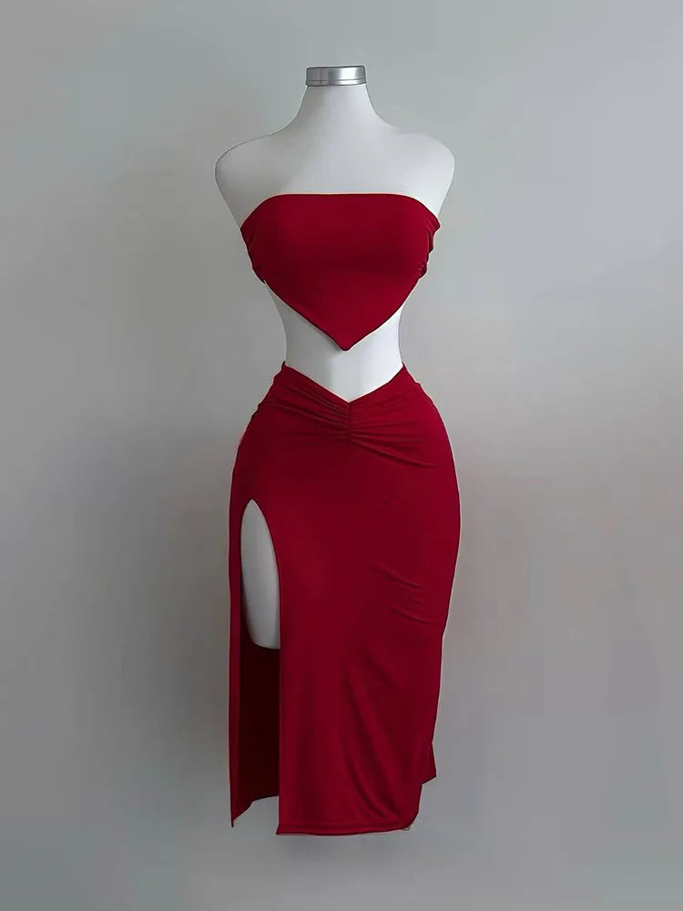 Conjunto de Falda Larga y Top Corto sin Tirantes y sin Espalda