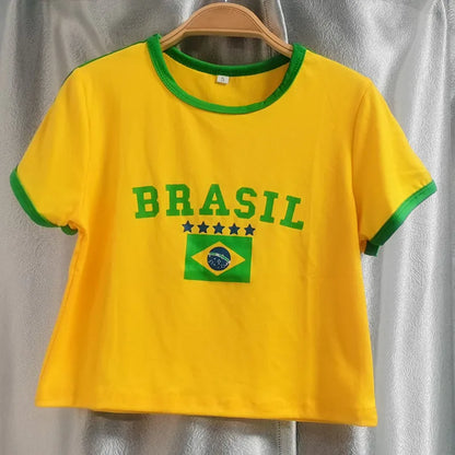 Short Sleeve T-Shirt + Drawstring Shorts Brazil Letter Print Set
