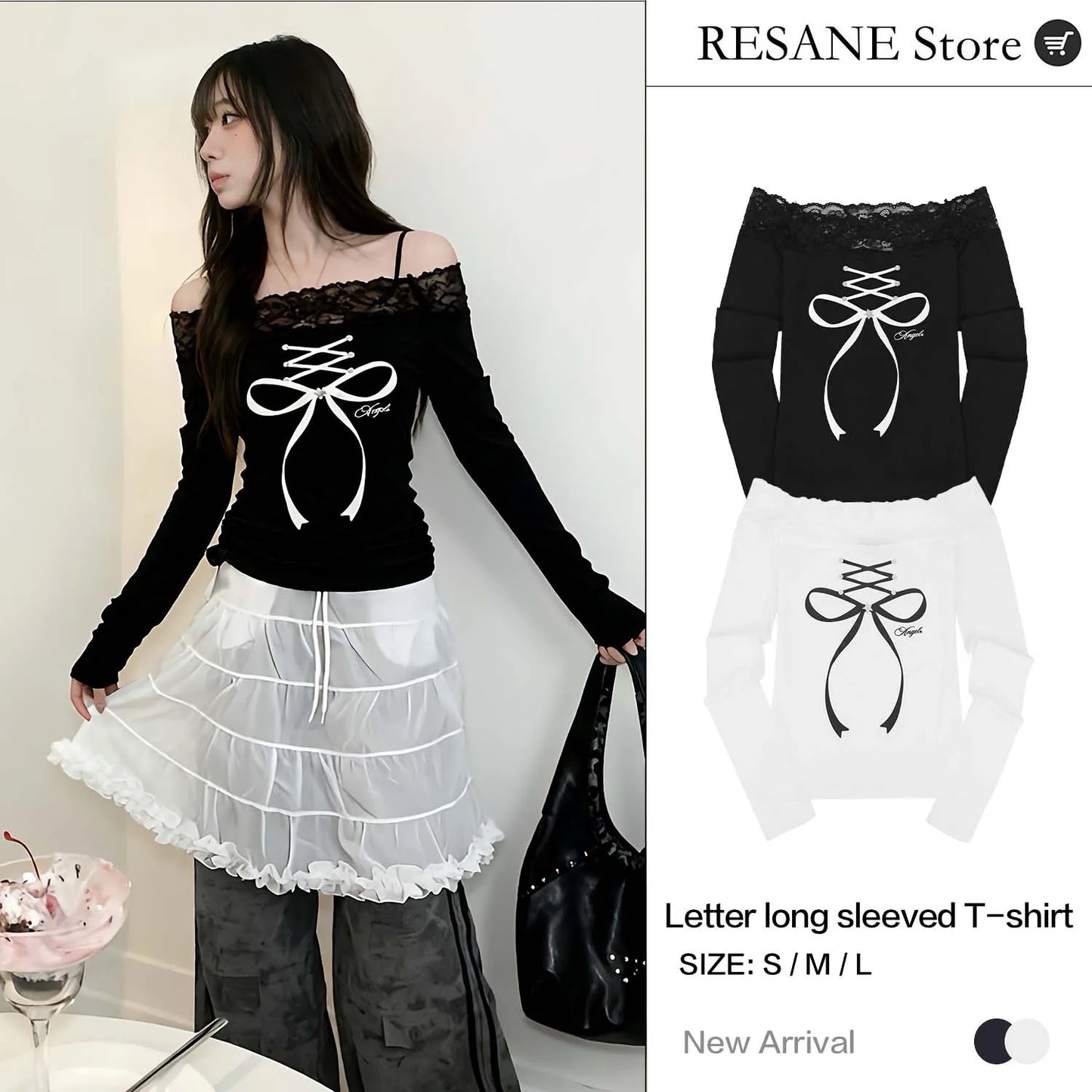 Lace Trim Off-the-Shoulder Bow Tie Straps Slim-Fitting Long-Sleeve Base Layer Top