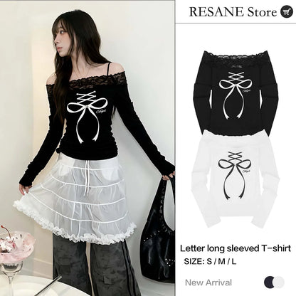 Lace Trim Off-the-Shoulder Bow Tie Straps Slim-Fitting Long-Sleeve Base Layer Top