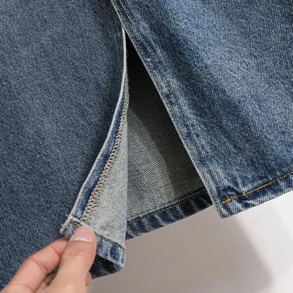 Drawstring Elastic Waist Split Denim Skirt