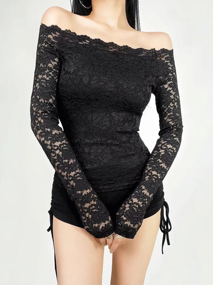 Top de encaje sexy con hombros descubiertos para mujer, elástico, encaje completo, ahuecado, camiseta básica de manga larga, blusa de malla ajustada para mujer, camiseta femenina