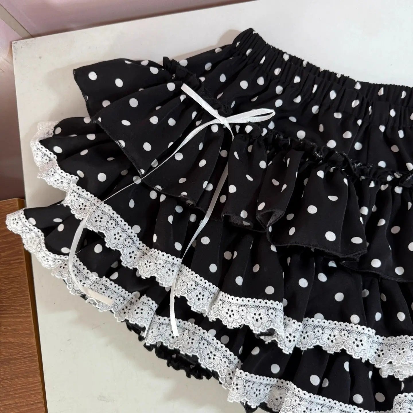 Polka Dot Tiered Ruffle Lace Trim Skirt