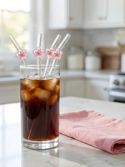 Pink Peach Blossom Curved Glass Straw
