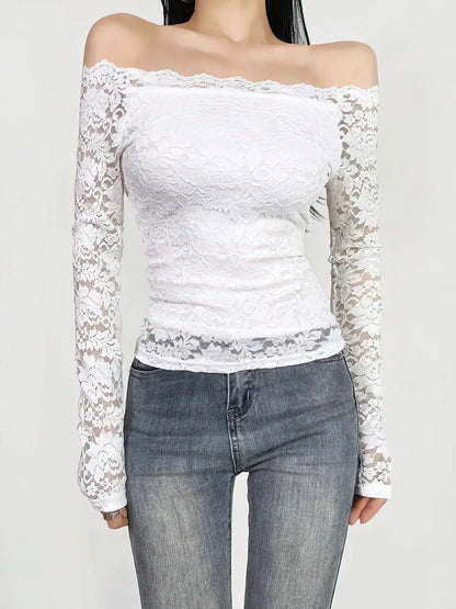 Top de encaje sexy con hombros descubiertos para mujer, elástico, encaje completo, ahuecado, camiseta básica de manga larga, blusa de malla ajustada para mujer, camiseta femenina