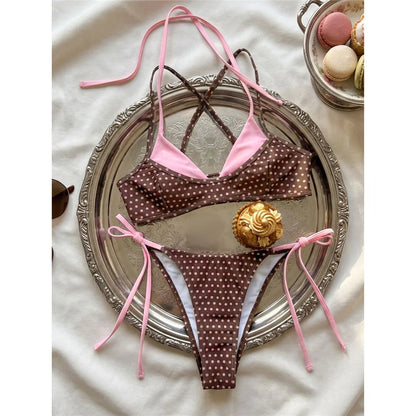 Polka Dot Splicing Halter Bikini
