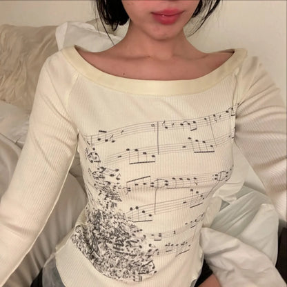 Ropa Urbana Mujer Grunge Punk Años 2000 Estampado Camisetas Blancas Manga Larga Ajustadas Bajo Con Volantes Tops Gráficos Lindos de Hadas