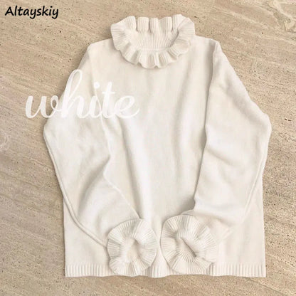 Jerséis de cuello con volantes para mujer, 4 colores lisos, suaves, encantadores, dulces, para chicas, versátiles, estilo preppy, casuales.