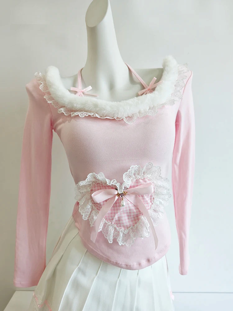 Halter Neck Long Sleeve Top with Lace Heart Patch & Bows