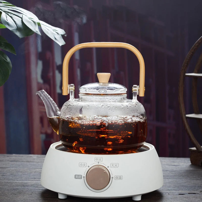 High Borosilicate Glass Chinese Tea Ceremony Clear Teapot with Filter Wood Handle