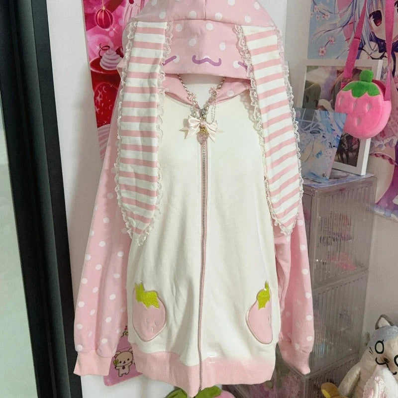 Abrigo japonés kawaii con orejas de conejo, para mujer, dulce, rosa, a rayas, con cremallera y capucha, estilo grunge, Y2k, Harajuku, sudadera con fresas