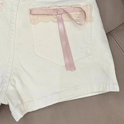 Pantalones cortos de mezclilla MEXZT Kawaii con lazo para mujer, vaqueros cortos de encaje blanco Cutecore, moda de verano, ropa urbana coreana, pantalones cortos de cintura alta.
