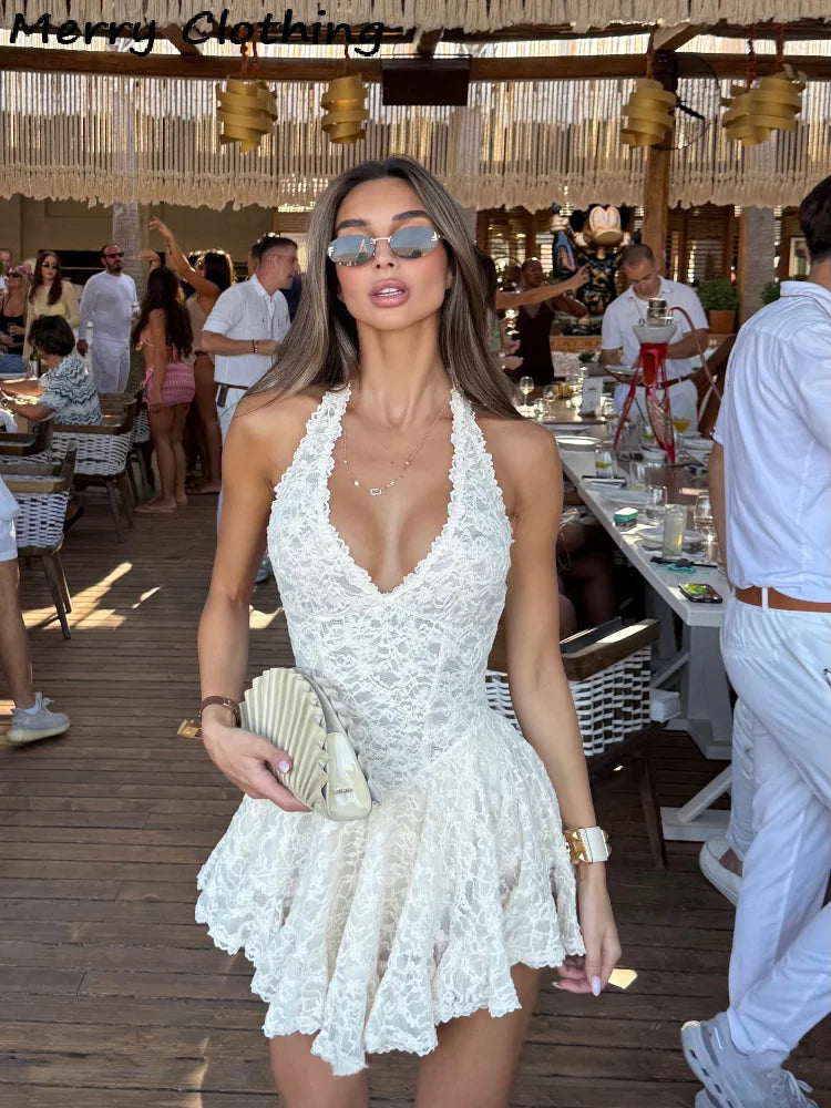 V Neck Halter Lace Dress