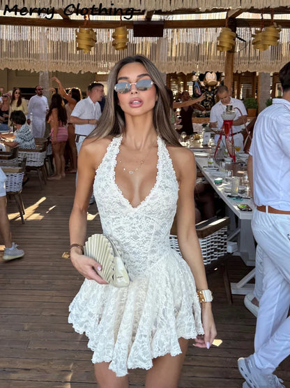 V Neck Halter Lace Dress