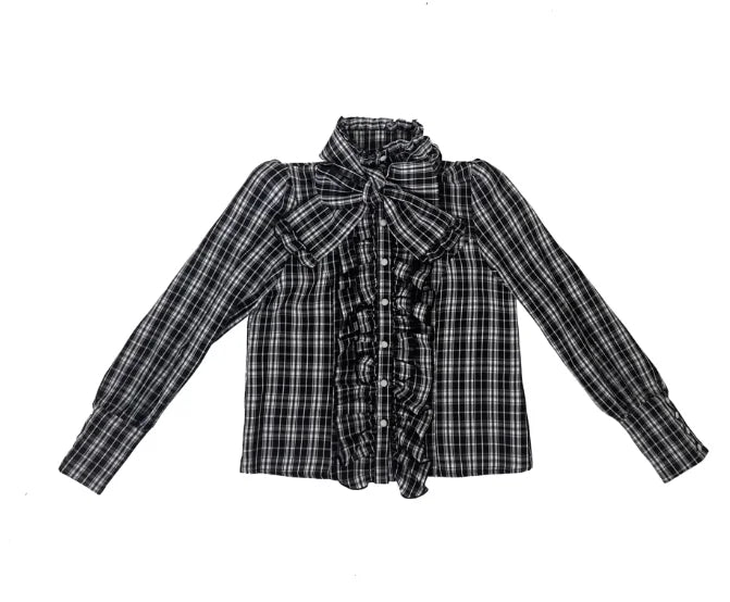 Conjunto de camisa a cuadros de manga larga con lazo y falda de cintura alta