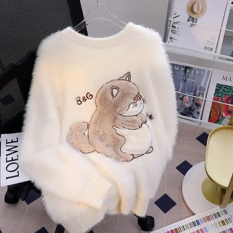 Otoño Invierno Mujer Dulce Chica Coreana Suéter Abrigado con Escote Bardot, Jerséis de Manga Larga, Estilo Y2K, Mori Girl, Acogedor y Lindo