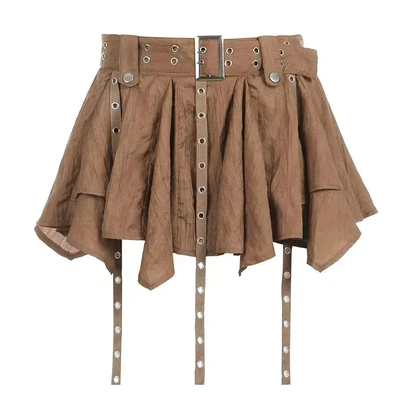 Conjunto de 3 piezas: Corsé de encaje marrón moca, Bolero de manga acampanada con lazo frontal y Minifalda escalonada con cinturón de ojales