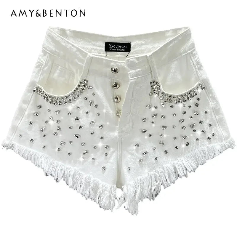 Diamond-Embedded Denim Shorts