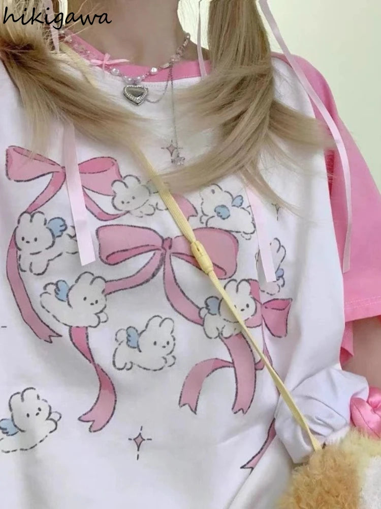 Camisetas Kawaii Rosadas para Mujer Estilo Japonés Y2k Dulces Camisetas de Dibujos Animados para Chicas Lindas de Lazo Estampado de Manga Corta Top de Verano Camiseta Oversize