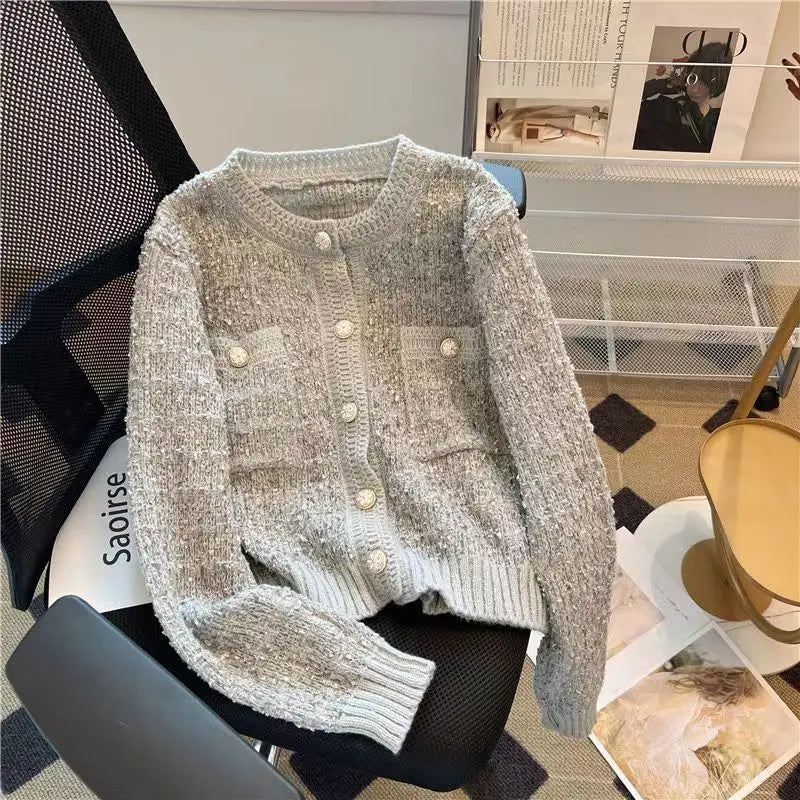 Cárdigan de punto grueso de manga larga para mujer, cuello redondo, un solo botón, Otoño-Invierno 2025, Moda Coreana