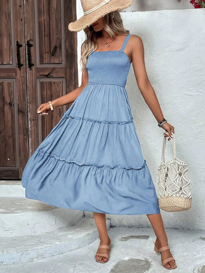 Ruched Bust Ruffle Hem Sleeveless Slip Dress