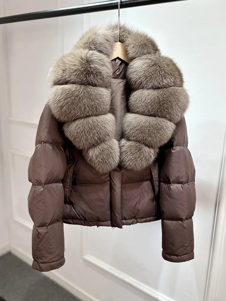 Lagabogy 2025 Abrigo casual cálido de mujer, parka de plumón, abrigo de lujo con cuello de piel de zorro natural, chaqueta de plumón de pato blanco para mujer