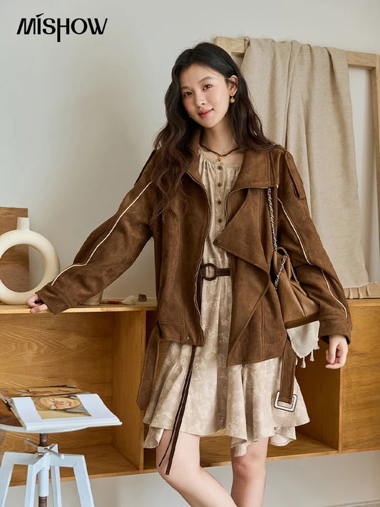 Split Turn Down Collar Suede Short Loose Coat
