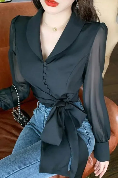 V-neck Bandage Bow Slim Waist Chiffon Blouse