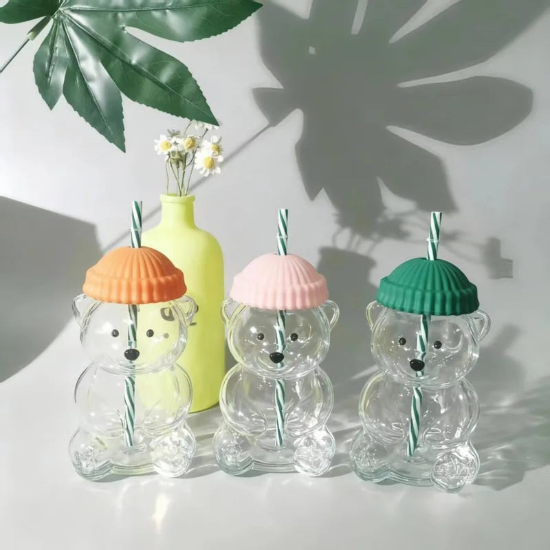 Bear Shape Glass Cup With Straw