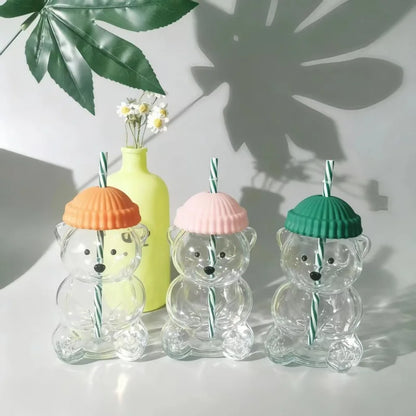 Bear Shape Glass Cup With Straw