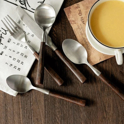 Retro Wooden Handle Dinner Knife Fork and Spoon Set