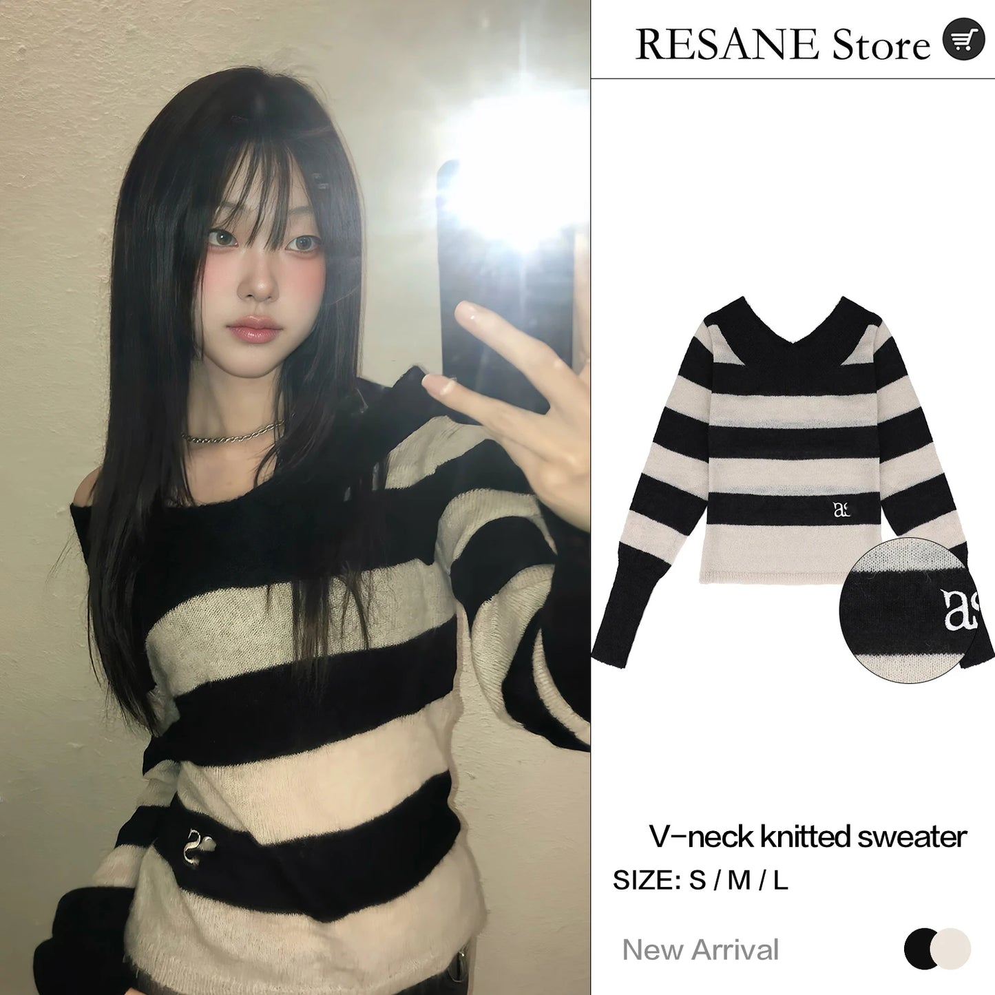 V-neck off-the-shoulder embroidery pattern long sleeves Striped Knit sweater