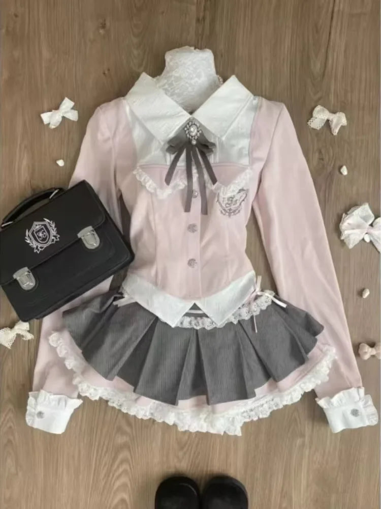 Conjunto de Cárdigan Tejido con Lazo y Minifalda Escocesa con Volantes