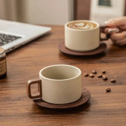 Vintage Wooden Handle Ceramic Coffee Cup with Saucer