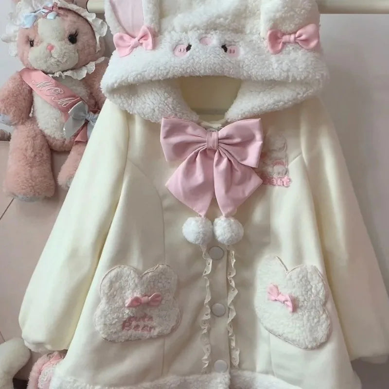 Abrigo Harajuku Kawaii Sweet Lolita para mujer, chaquetas rosas de otoño-invierno 2026, tops gruesos y cálidos informales que combinan con todo