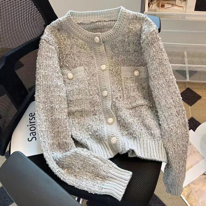 Cárdigan de punto grueso de manga larga para mujer, cuello redondo, un solo botón, Otoño-Invierno 2025, Moda Coreana