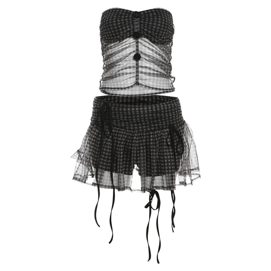 Conjunto de Falda con Volantes a Cuadros y Transparencias