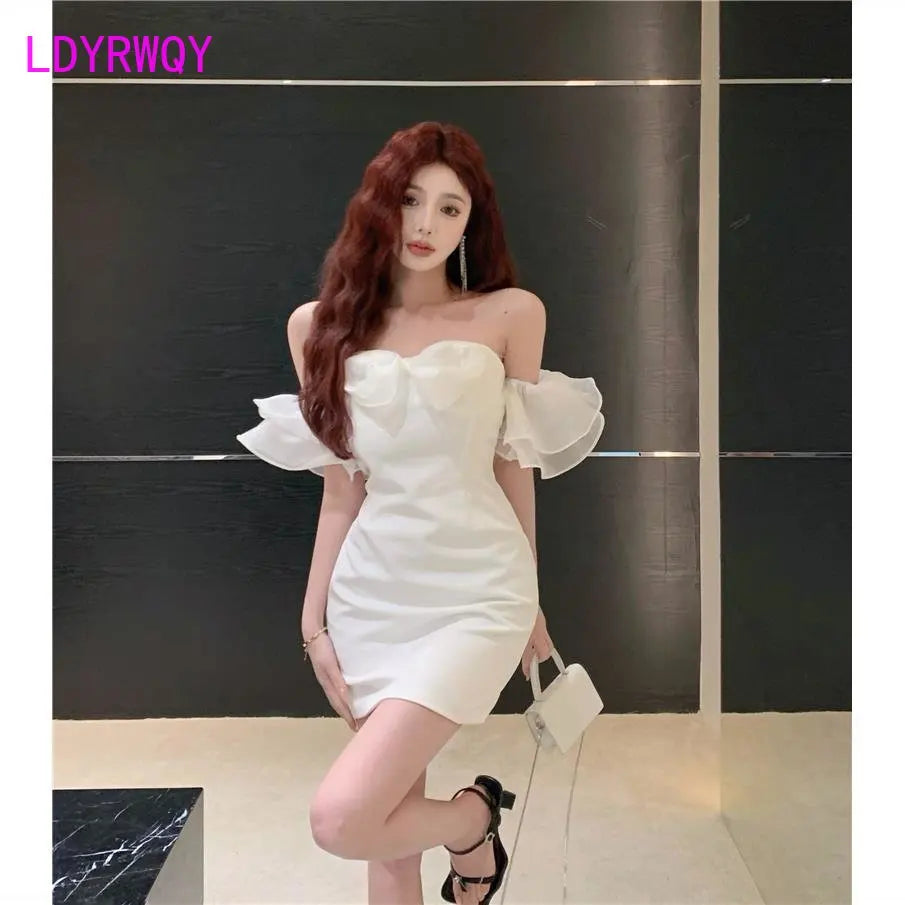 off-shoulder, puffy gauze, bow tie dress