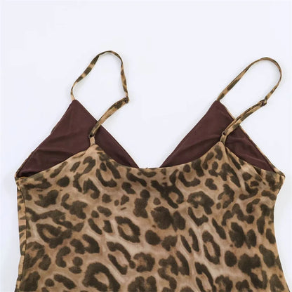 Leopard Print Spaghetti Strap A-Line Midi Dress
