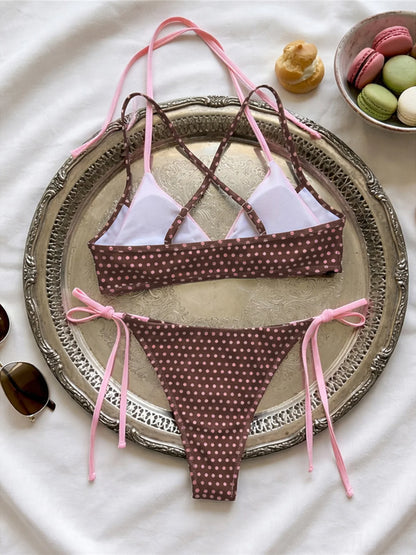 Polka Dot Splicing Halter Bikini
