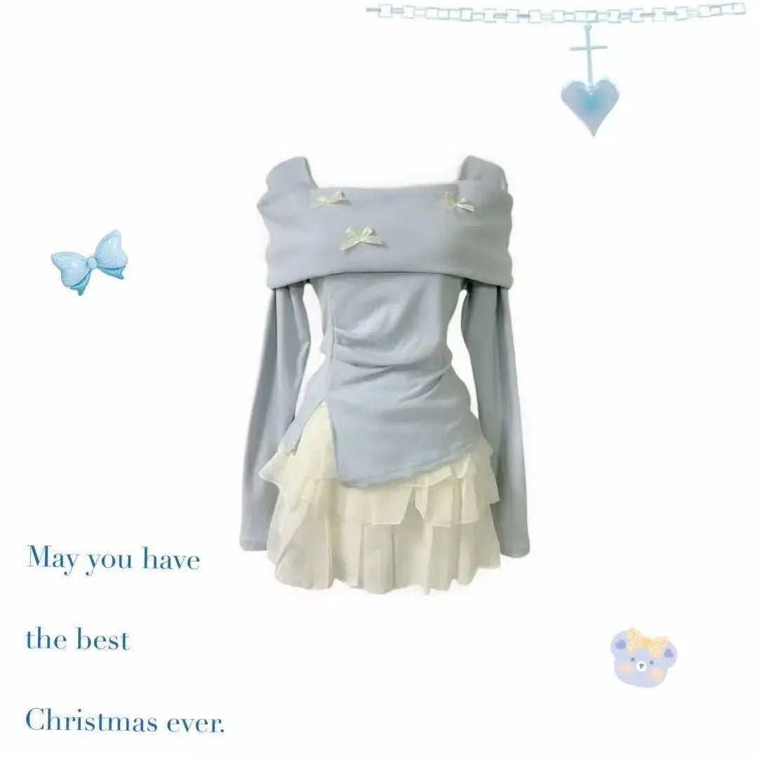 Conjunto de top de manga larga con lazo y falda de talle alto con vuelo