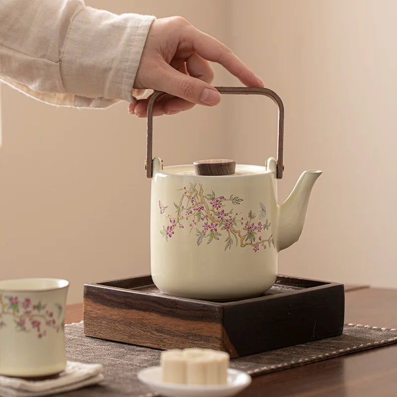 Beige Ru Kiln Wisteria Flower Teapot