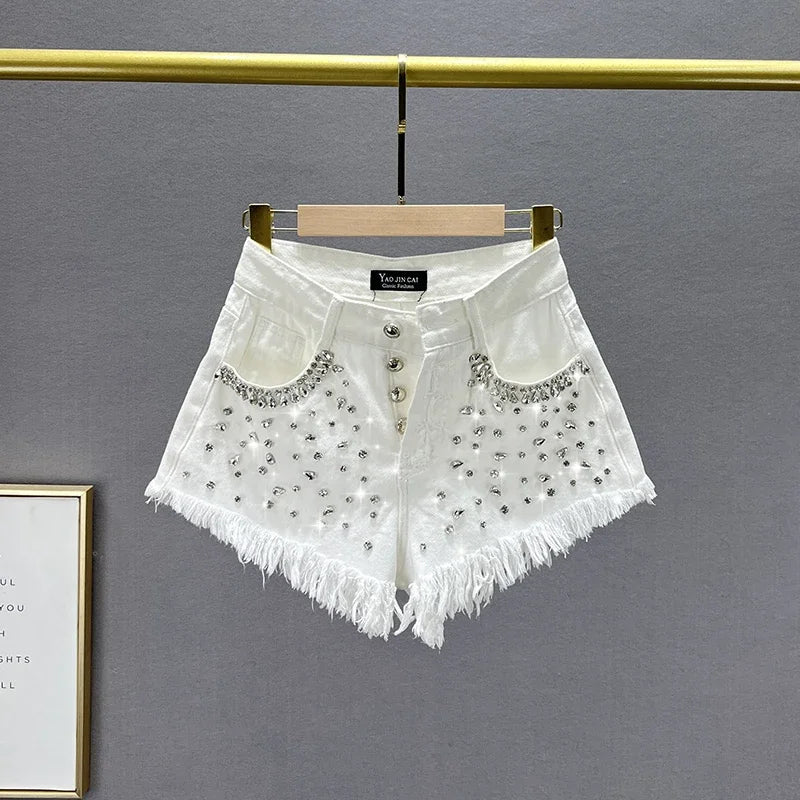 Diamond-Embedded Denim Shorts