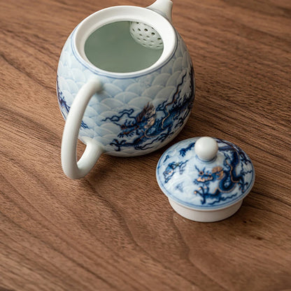 Metal Inlay Blue and White Dragon Teapot