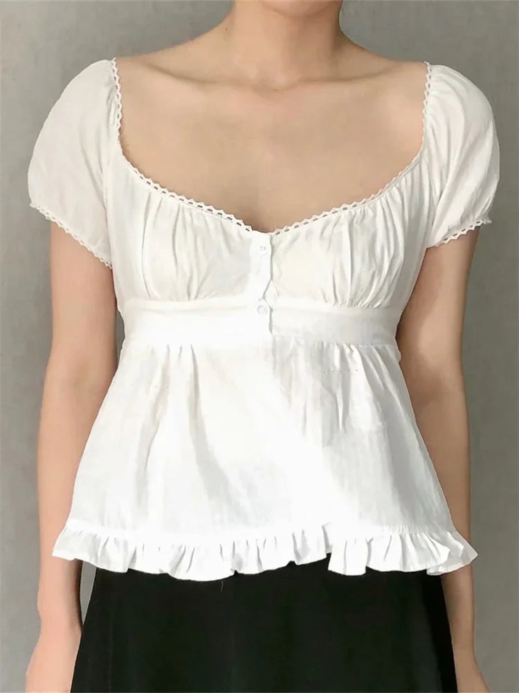 Puff Short Sleeve Square Neck Ruffle Shirt