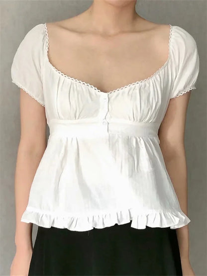 Puff Short Sleeve Square Neck Ruffle Shirt