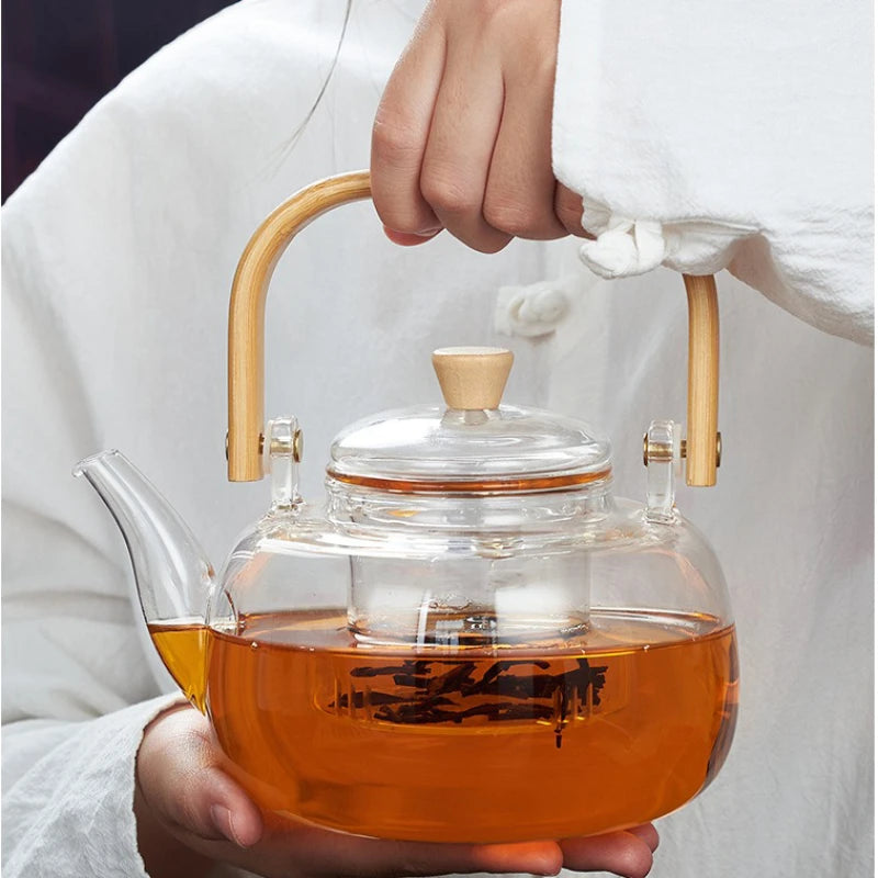 High Borosilicate Glass Chinese Tea Ceremony Clear Teapot with Filter Wood Handle